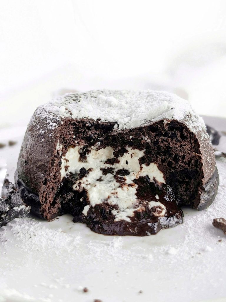 Delicious Protein Oreo Lava Cake for an easy and healthy dessert or one. This molten Oreo lava mug cake uses protein powder and is gluten free and sugar free too!