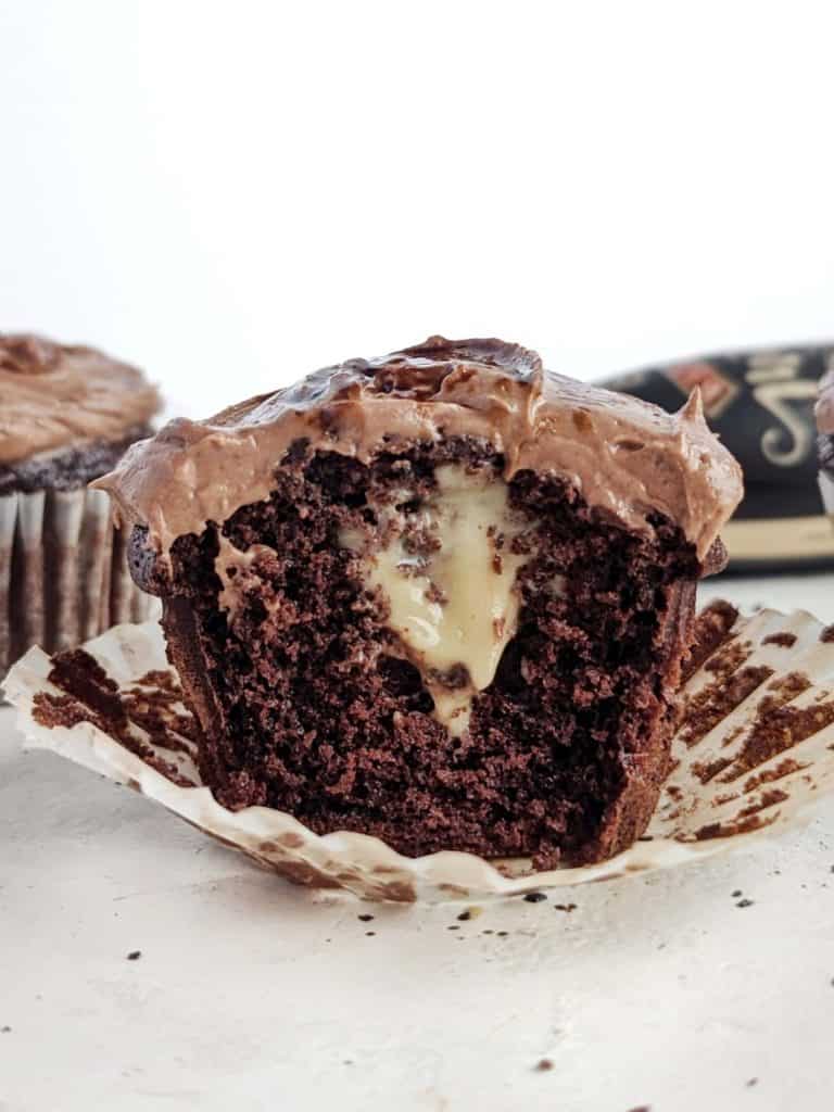 Indulgent Baileys Protein Cupcakes with a baileys chocolate cupcake, baileys filling and baileys frosting - all protein. Easy, healthy and the best Baileys chocolate cupcakes - low sugar and low fat too!