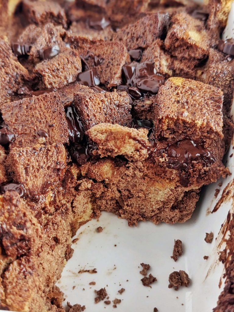 A rich, indulgent and skinny Chocolate Protein Bread Pudding you definitely need to try! Healthy, low calorie chocolate bread pudding uses protein powder, has no egg and no cream; Perfect for a breakfast, dessert or post workout!