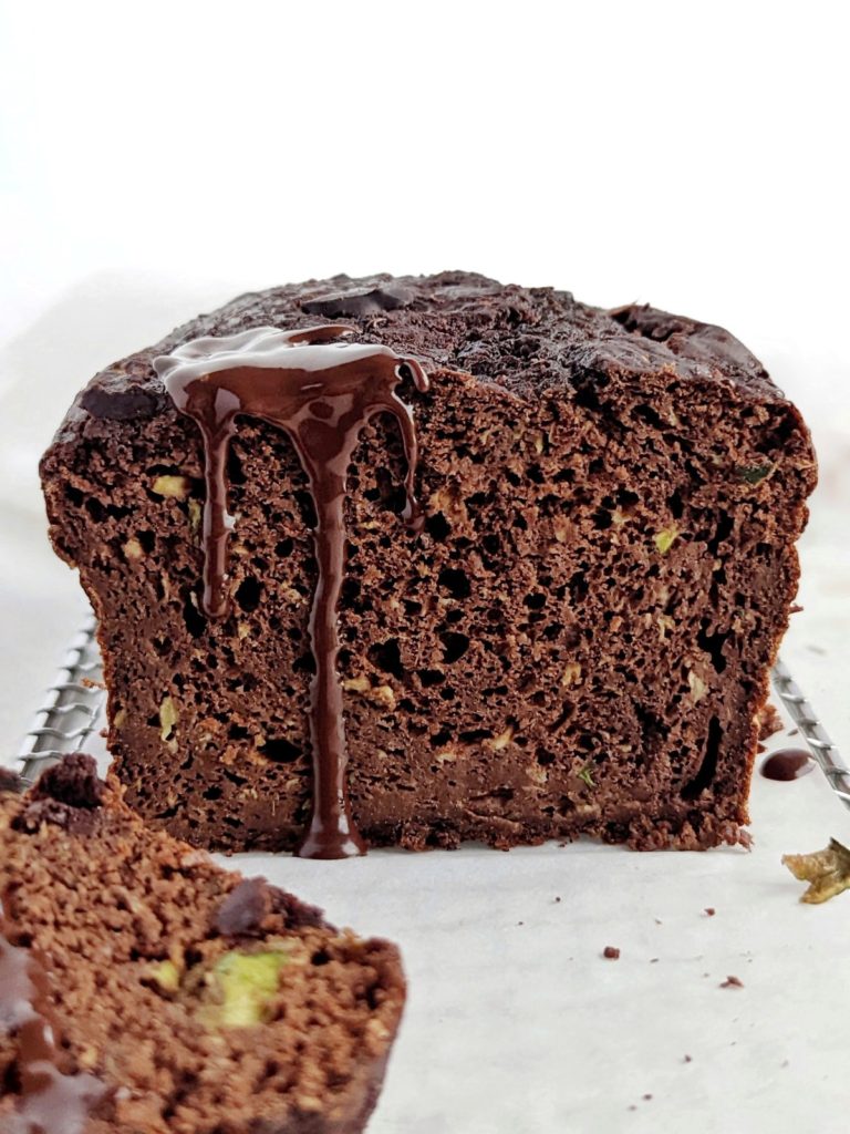 Super rich chocolate protein zucchini bread with protein powder and stevia for sweetness, but sugar free! Healthy chocolate zucchini bread is low calorie, low fat and great for a post workout or dessert.