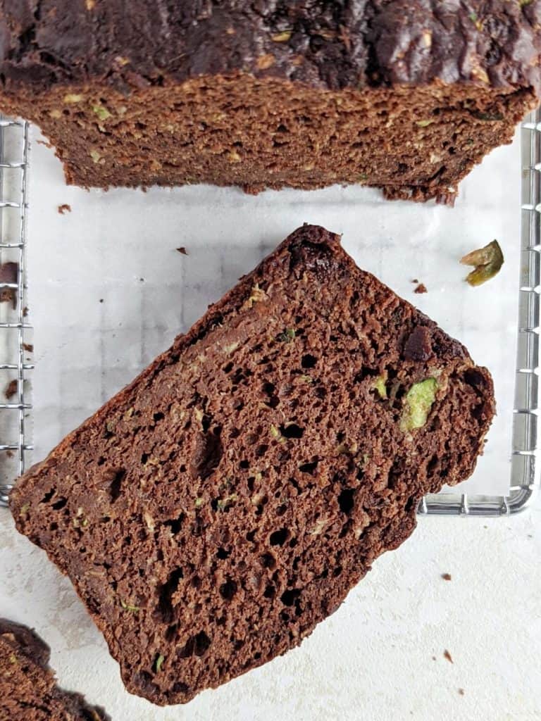 Super rich chocolate protein zucchini bread with protein powder and stevia for sweetness, but sugar free! Healthy chocolate zucchini bread is low calorie, low fat and great for a post workout or dessert.