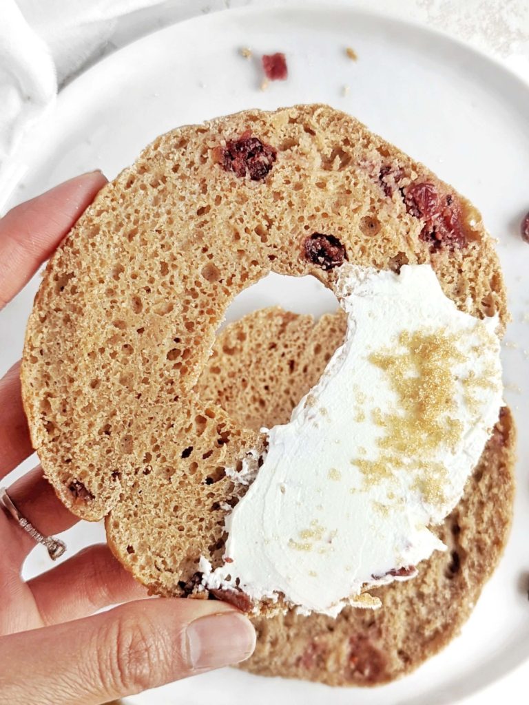 Actually Healthy Cinnamon Raisin Bagels made with whole wheat flour, protein powder and Greek Yogurt. This cinnamon raisin bagel recipe has 2x protein and half the carbs of an average version, and is actually good for you!
