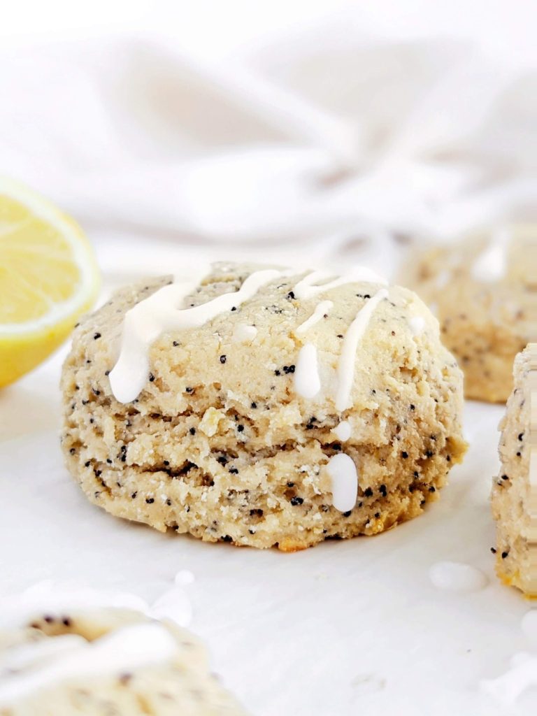 Refreshing Lemon Poppy Seed Protein Scones made healthy with protein powder and Greek yogurt, and no sugar or butter! Easy lemon poppyseed scones are easily gluten free and Vegan too!