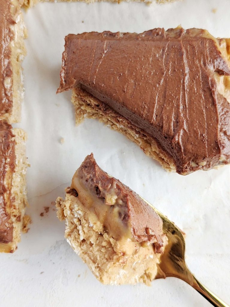 Soft and chewy Lunch Lady Peanut Butter Protein Bars but healthy, sugar free and gluten free! These lunch lady peanut butter squares have a peanut butter oatmeal cookie base, peanut butter and chocolate frosting - all high protein.