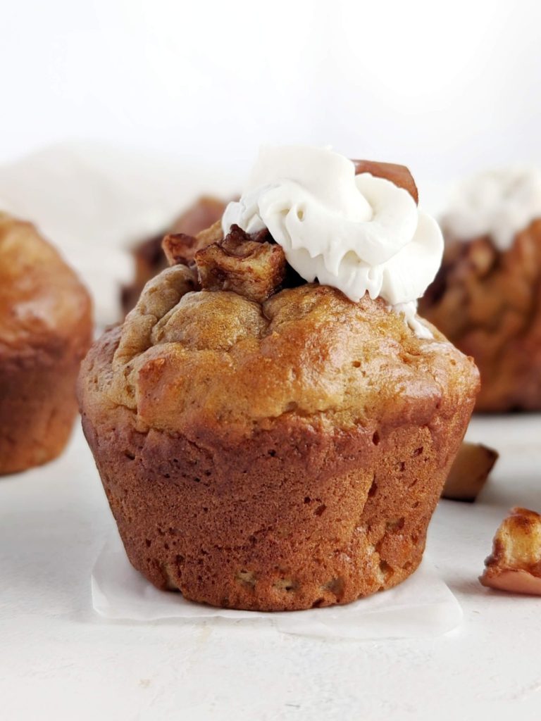 Soft and fluffy Oil Free Apple Protein Muffins with whole wheat flour for a healthy breakfast, dessert or even post-workout meal! Perfectly spiced, full of apple chunks, and sweetened with protein powder, these apple protein muffins are sugar-free and delicious at the same time.