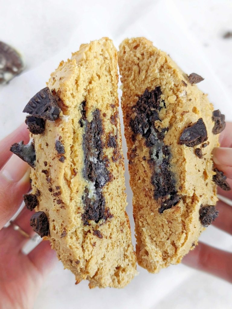 A big Oreo stuffed Peanut Butter Protein Cookie with good flavor and nutrition! A healthy single serving Oreo stuffed peanut butter cookie with no butter or sugar and made using oat flour.
