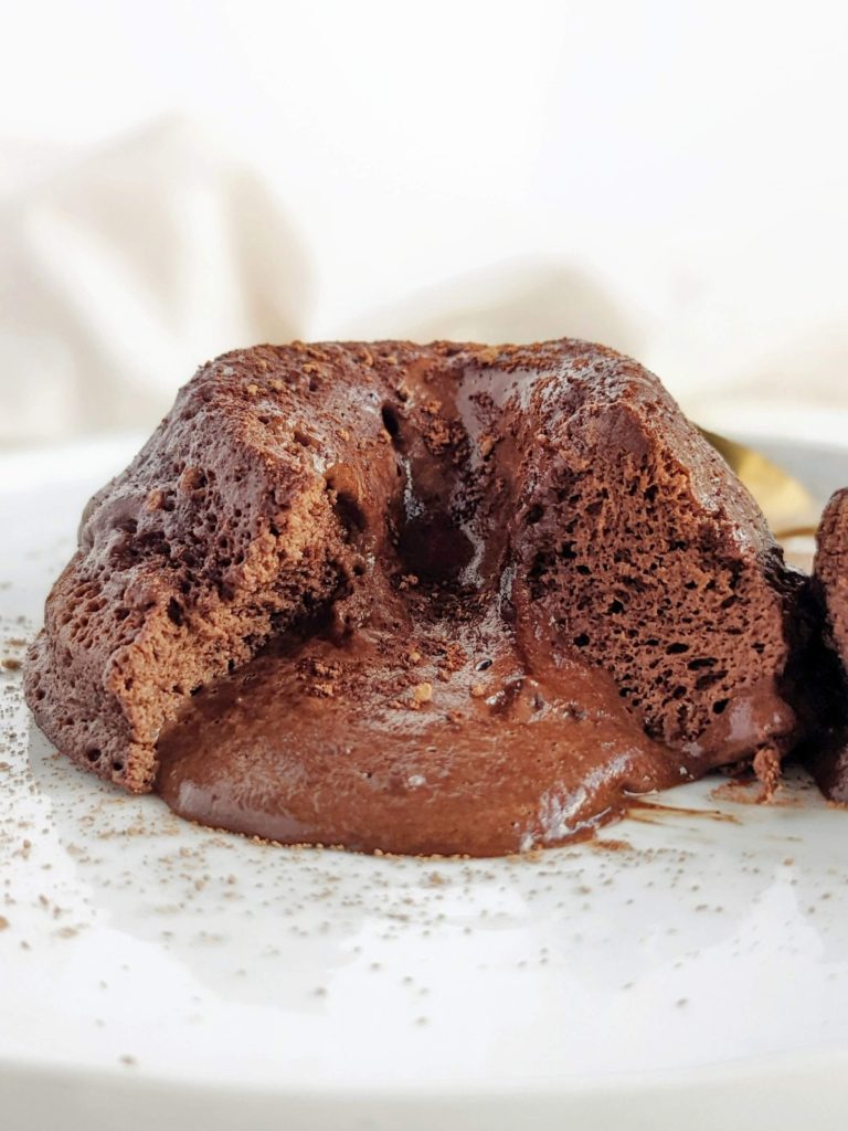 The perfect Protein Microwave Lava Cake with the gooey center, but sugar free and low fat! Healthy microwave molten lava cake uses protein powder for sweetness and has no sugar or butter.