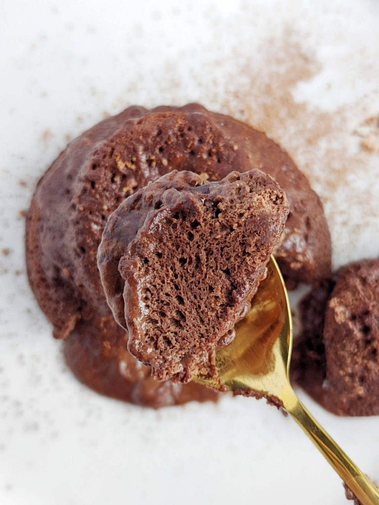 The perfect Protein Microwave Lava Cake with the gooey center, but sugar free and low fat! Healthy microwave molten lava cake uses protein powder for sweetness and has no sugar or butter.