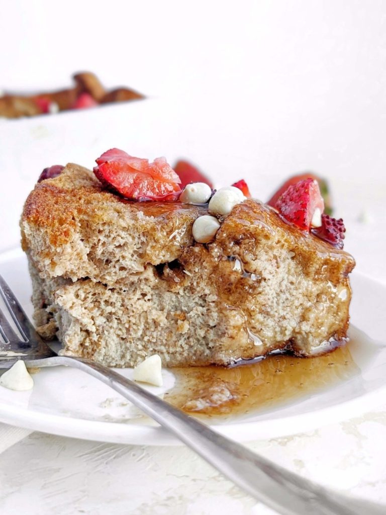 Easy Baked Protein French Toast with whole wheat bread and protein powder, and no sugar needed. Meal prep this overnight protein french toast and bake it for an anabolic french toast casserole made in the oven!