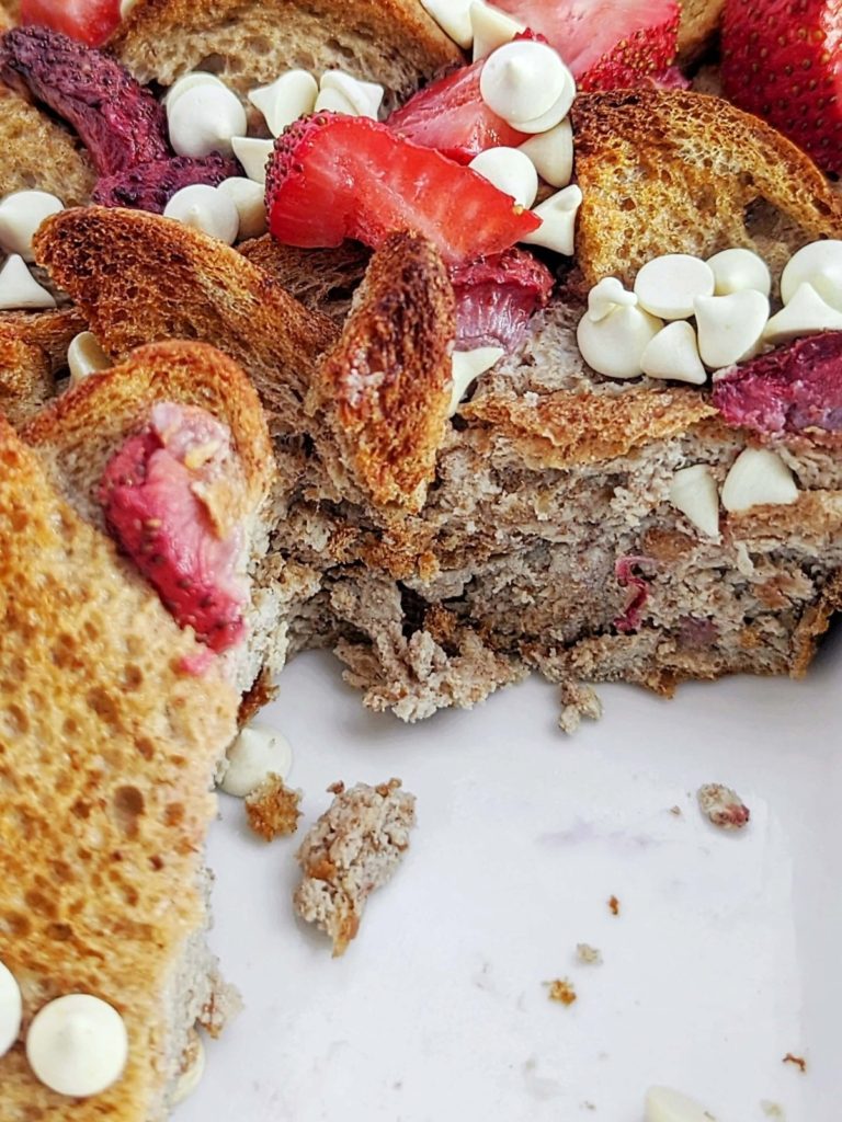 Easy Baked Protein French Toast with whole wheat bread and protein powder, and no sugar needed. Meal prep this overnight protein french toast and bake it for an anabolic french toast casserole made in the oven!