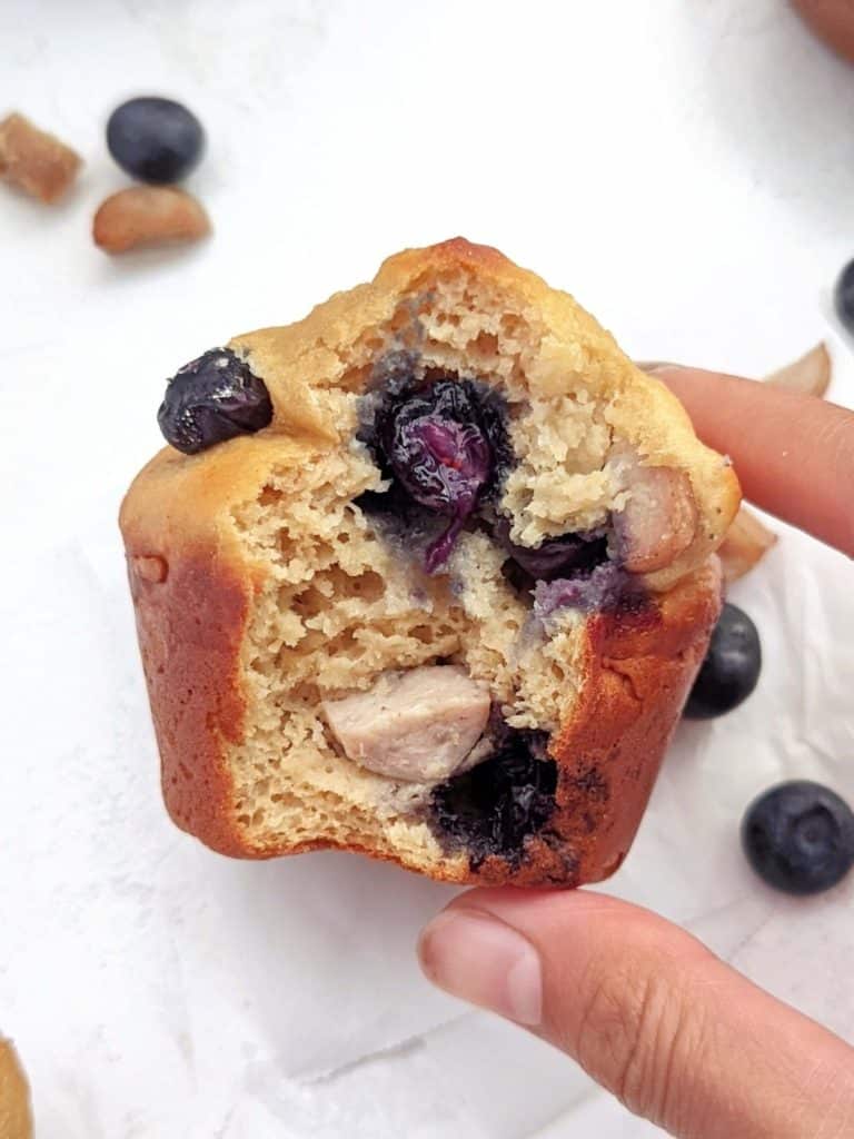 Unexpectedly good Blueberry Sausage Protein Muffins loaded with flavor and nutrition, and has no oil, butter or sugar! Healthy breakfast sausage and blueberry muffins use protein powder for sweetness and are a great mix of sweet and savory.