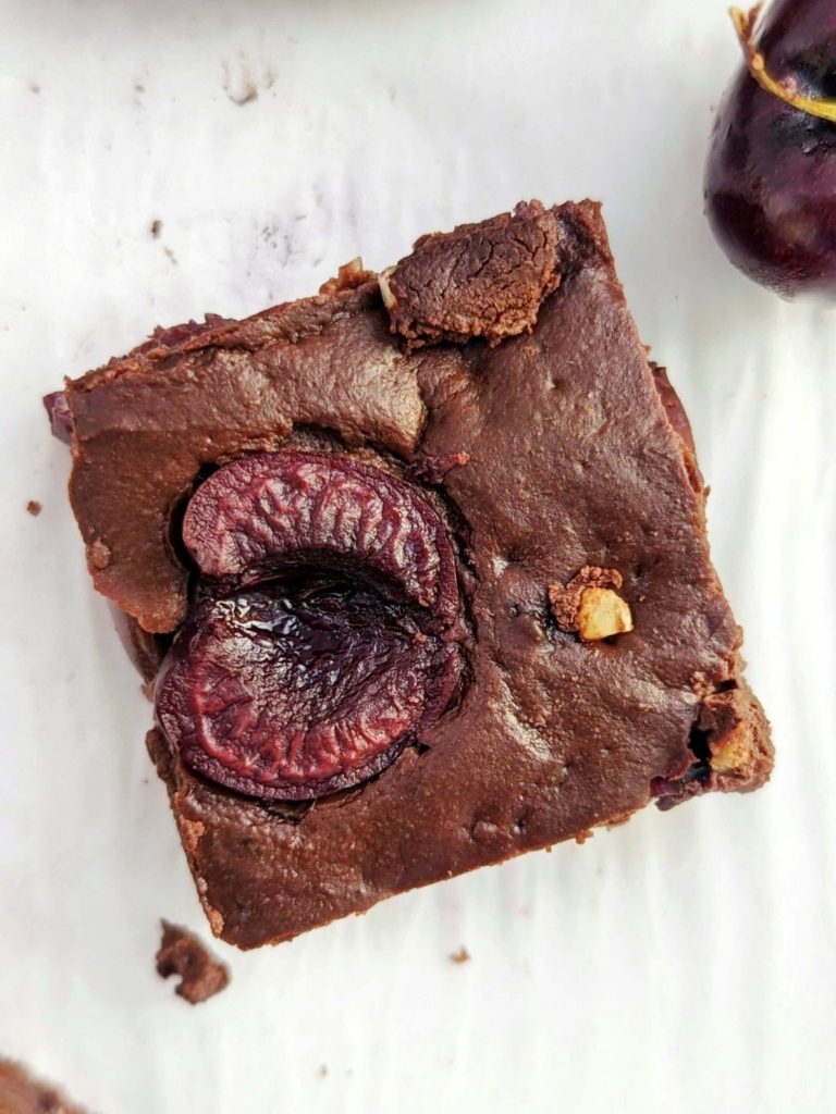 Really the best Chocolate Cherry Protein Brownies with all the fudgy texture and rich flavor, but no sugar or butter! Healthy cherry brownies use protein powder and Greek yogurt for a recipe you’re going to love.