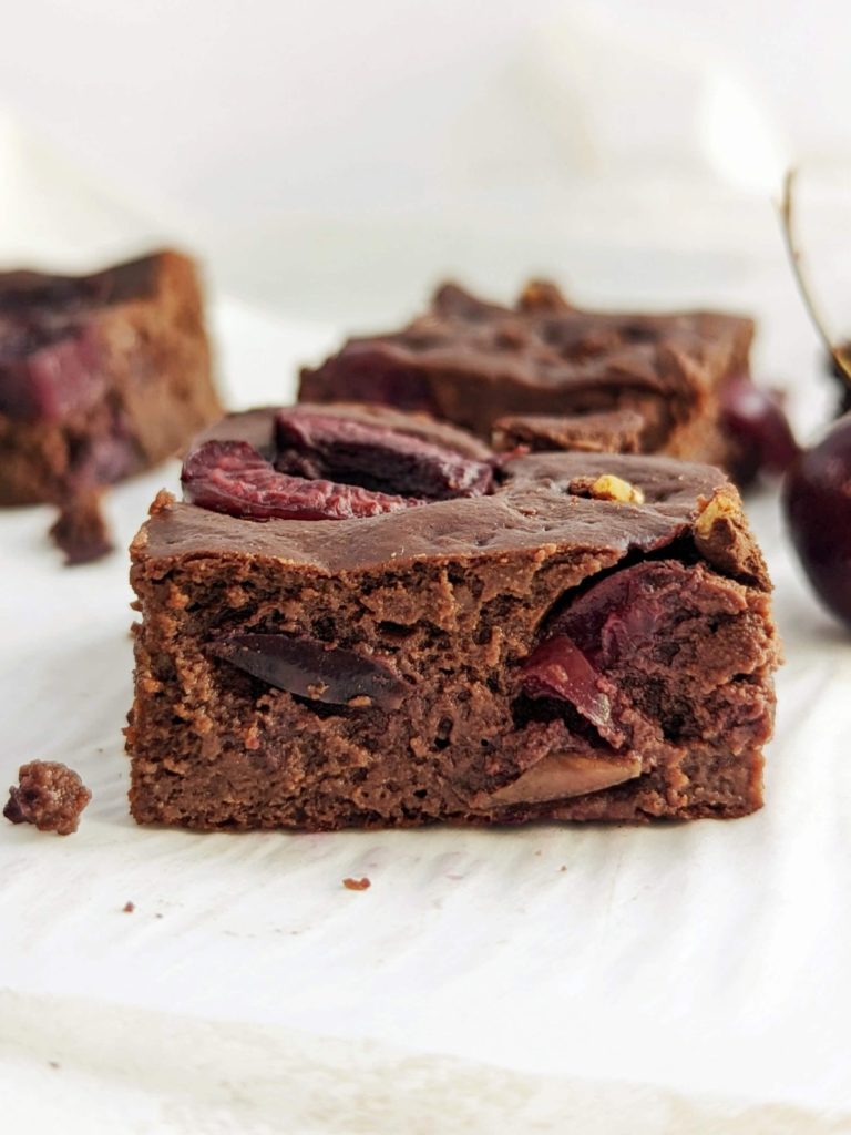 Really the best Chocolate Cherry Protein Brownies with all the fudgy texture and rich flavor, but no sugar or butter! Healthy cherry brownies use protein powder and Greek yogurt for a recipe you’re going to love.