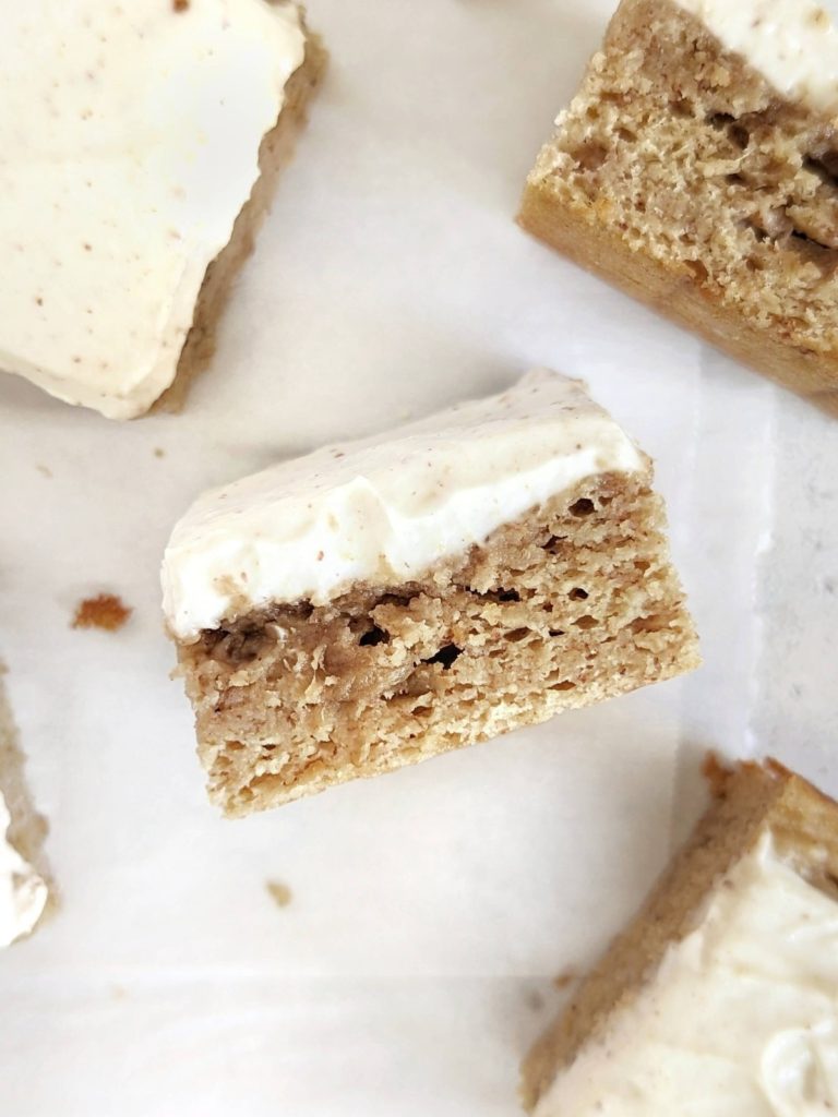 Flavorful Banana Protein Blondies topped with Protein Frosting - a healthy dessert to satisfy the cravings! Banana blondies use protein powder and are low sugar, and low fat too!