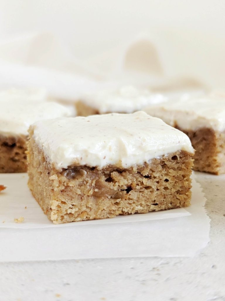 Flavorful Banana Protein Blondies topped with Protein Frosting - a healthy dessert to satisfy the cravings! Banana blondies use protein powder and are low sugar, and low fat too!