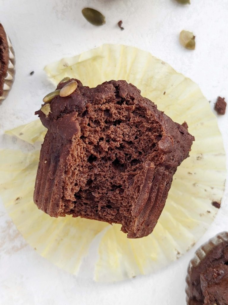 Amazing Chocolate Pumpkin Protein Muffins with the fall flavor and chocolate, for an indulgent cozy treat! Healthy chocolate pumpkin muffins use protein powder for sweetness and have no sugar, oil or butter.