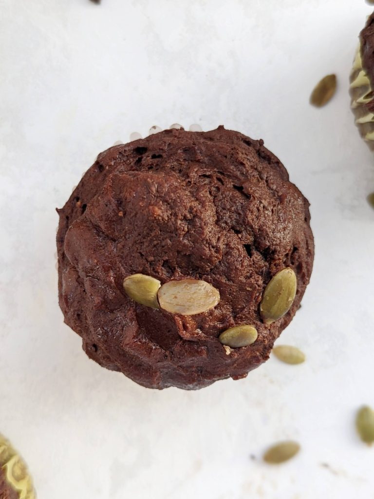 Amazing Chocolate Pumpkin Protein Muffins with the fall flavor and chocolate, for an indulgent cozy treat! Healthy chocolate pumpkin muffins use protein powder for sweetness and have no sugar, oil or butter.