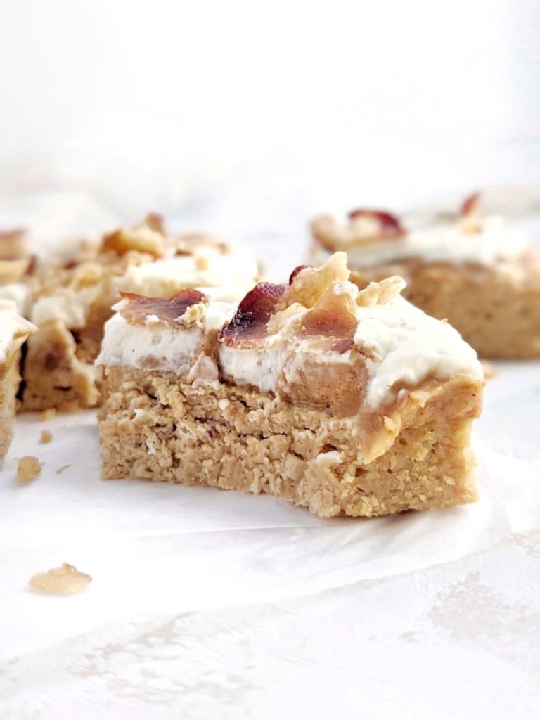 Healthy Peanut Butter Bacon Bars made with protein powder and peanut butter powder for a sugar-free, low fat dessert! With an oatmeal base, high protein peanut butter, frosting and crunchy bacon, PB bacon dessert bars are gluten free too.