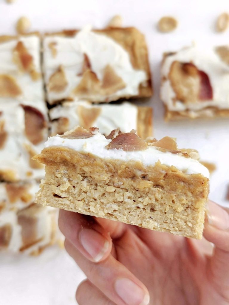 Healthy Peanut Butter Bacon Bars made with protein powder and peanut butter powder for a sugar-free, low fat dessert! With an oatmeal base, high protein peanut butter, frosting and crunchy bacon, PB bacon dessert bars are gluten free too.