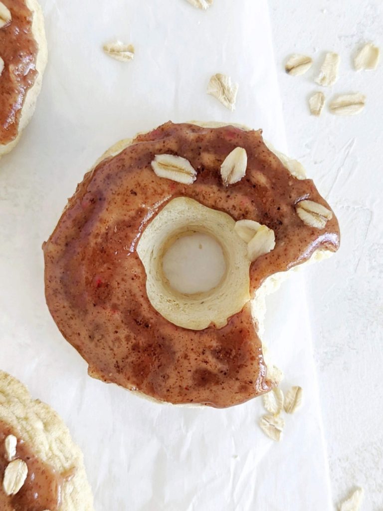 Easy Oatmeal Protein Donuts made with just 6 ingredients, in a blender! Healthy oat protein donuts use protein powder for sweetness and are gluten free, sugar free and low fat too.