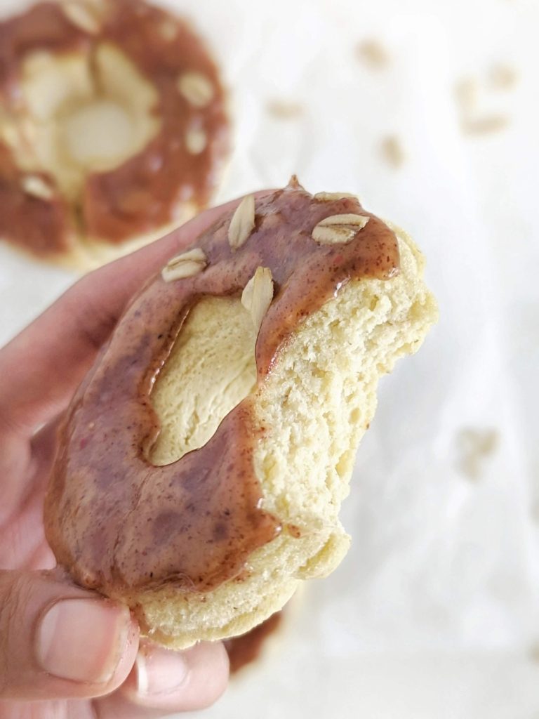 Easy Oatmeal Protein Donuts made with just 6 ingredients, in a blender! Healthy oat protein donuts use protein powder for sweetness and are gluten free, sugar free and low fat too.