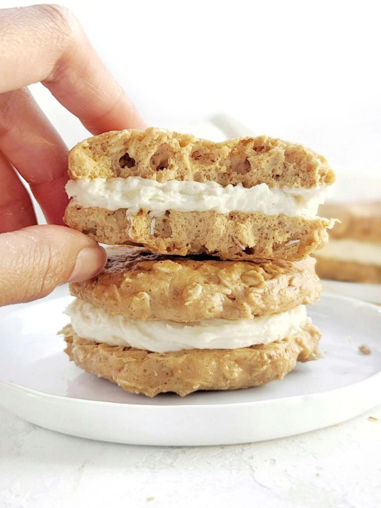 Spot on Protein Oatmeal Cream Pies for a healthy copycat of Little Debbies! Healthy homemade oatmeal cream pies are low fat, lower carb and sugar free too. A great high-protein treat.