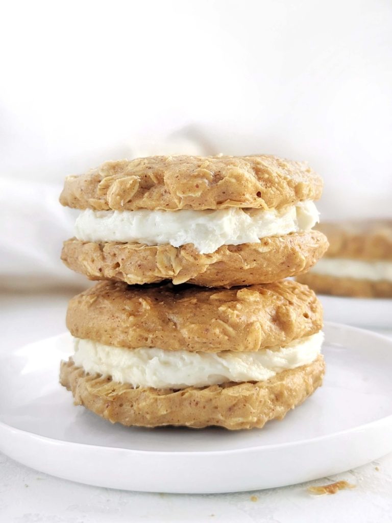 Spot on Protein Oatmeal Cream Pies for a healthy copycat of Little Debbies! Healthy homemade oatmeal cream pies are low fat, lower carb and sugar free too. A great high-protein treat.