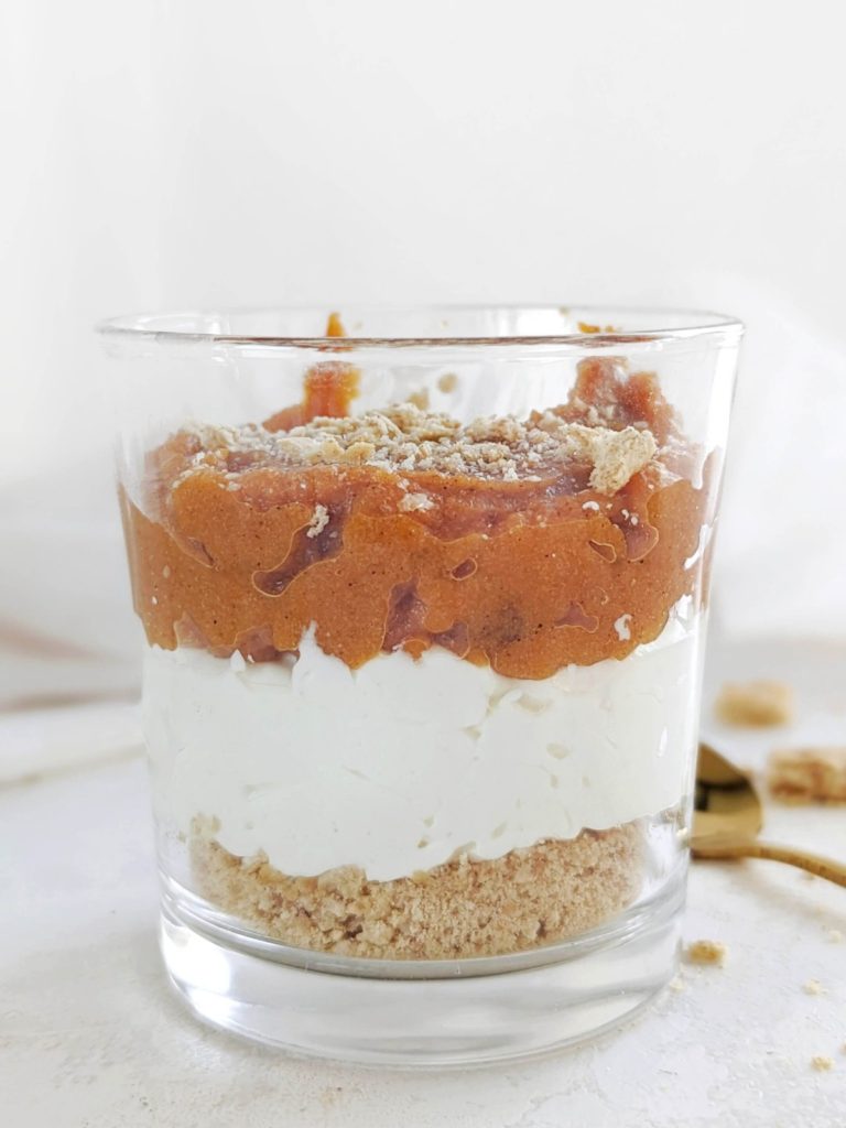 Very satisfying Pumpkin Protein Cheesecake Jar for one with layers of graham, protein pumpkin mix and protein cheesecake. A no bake healthy pumpkin pie cheesecake pot that’s low fat and extra high protein!
