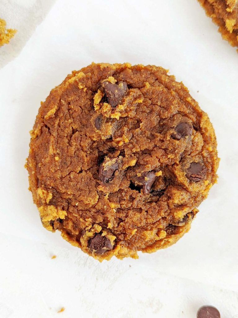 Perfectly chewy Chocolate Chip Pumpkin Protein Cookies but sugar free and low fat too. These healthy pumpkin spice protein cookies use protein powder for sweetener, and only a little almond butter. Real perfect fall bake!