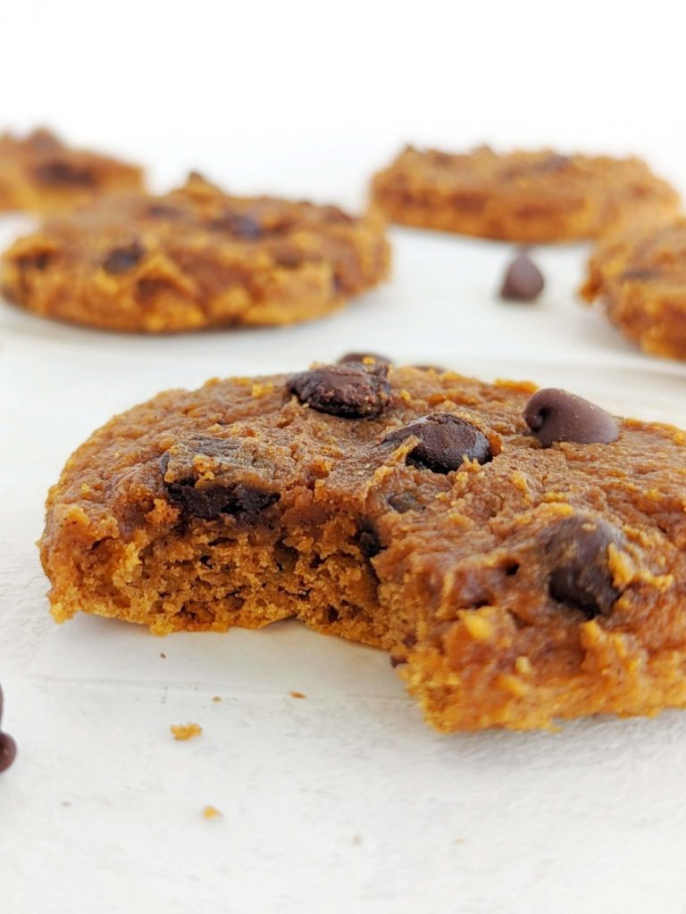 Perfectly chewy Chocolate Chip Pumpkin Protein Cookies but sugar free and low fat too. These healthy pumpkin spice protein cookies use protein powder for sweetener, and only a little almond butter. Real perfect fall bake!