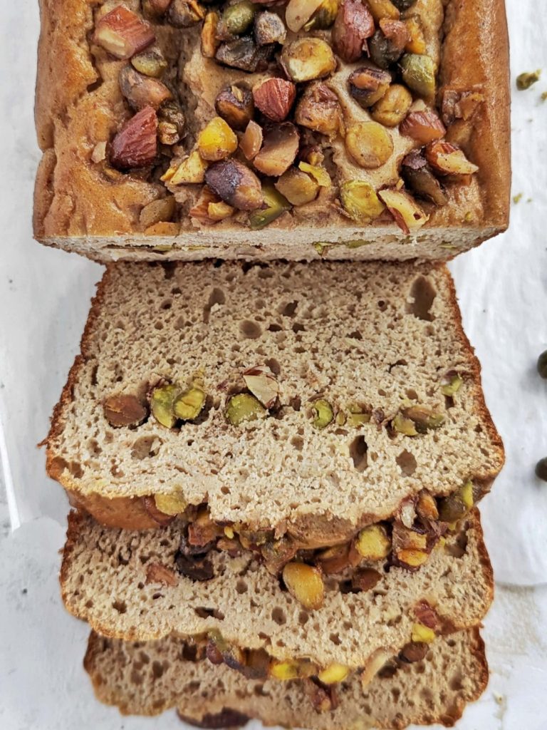 Amazing, protein-packed Baklava Banana Bread that’s oil free and added sugar free too! This Baklava banana loaf uses protein powder for sweetener and sugar free honey for all the healthy amish vibes!