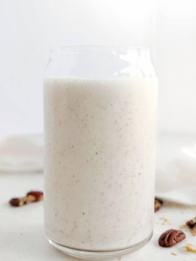 
Fall-perfect Pecan Pie Protein Shake with all the cozy flavor and nutrition! Low fat, high protein pecan smoothie uses sugar-free ice cream and a brown sugar alternative too.