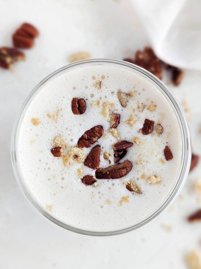 
Fall-perfect Pecan Pie Protein Shake with all the cozy flavor and nutrition! Low fat, high protein pecan smoothie uses sugar-free ice cream and a brown sugar alternative too.