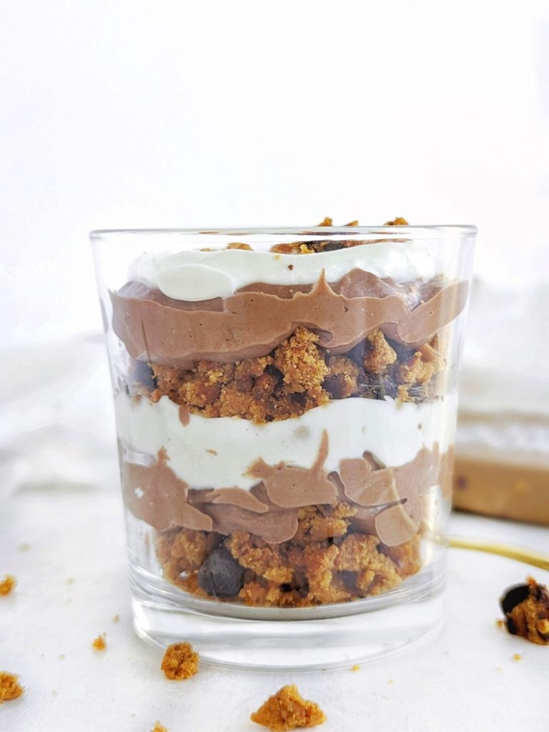 A perfect Protein Chocolate Chip Cookie Trifle with a protein cookie, chocolate pudding and vanilla yogurt. Healthy cookie dough trifle for one with no sugar or whipped cream either.