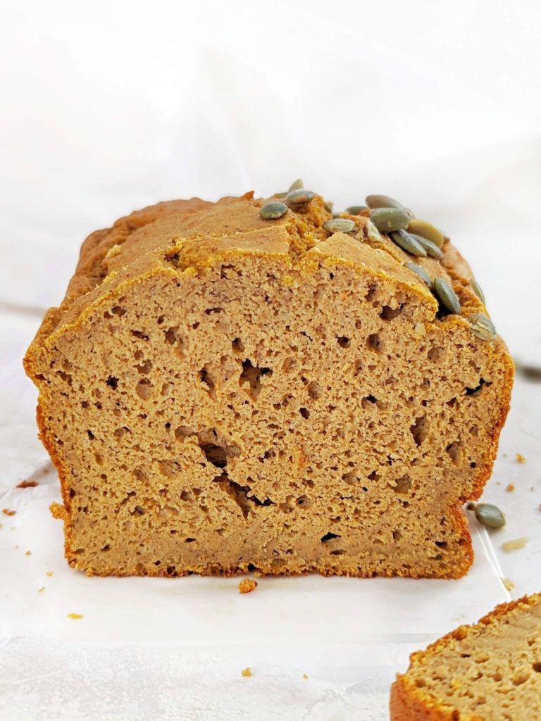 A delicious Protein Pumpkin Bread with whole wheat flour, protein powder and no oil or butter. East and healthy protein powder pumpkin bread with no sugar either; A great high protein post-workout treat or pumpkin spice breakfast!