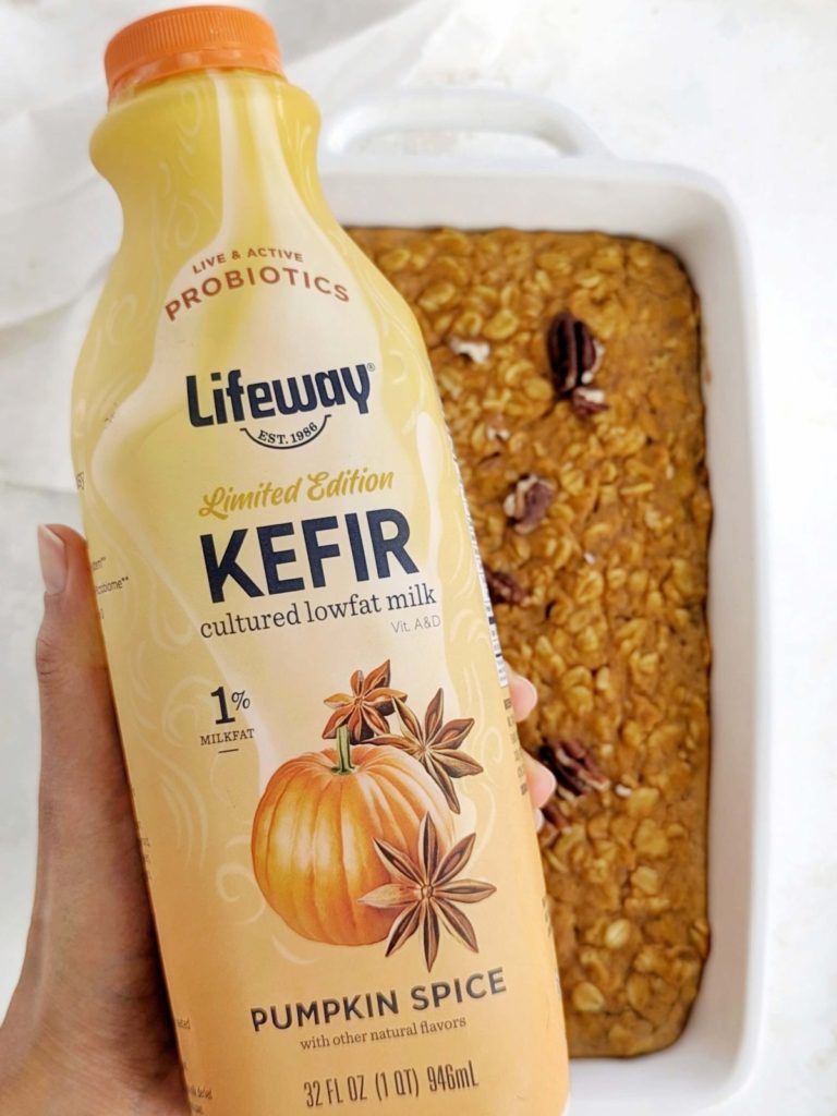 Make-ahead Pumpkin Kefir Baked Oatmeal with pumpkin spice flavored kefir gives extra cozy fall vibes. Healthy pumpkin kefir baked oats uses protein powder and egg whites for even more protein, and no sugar!