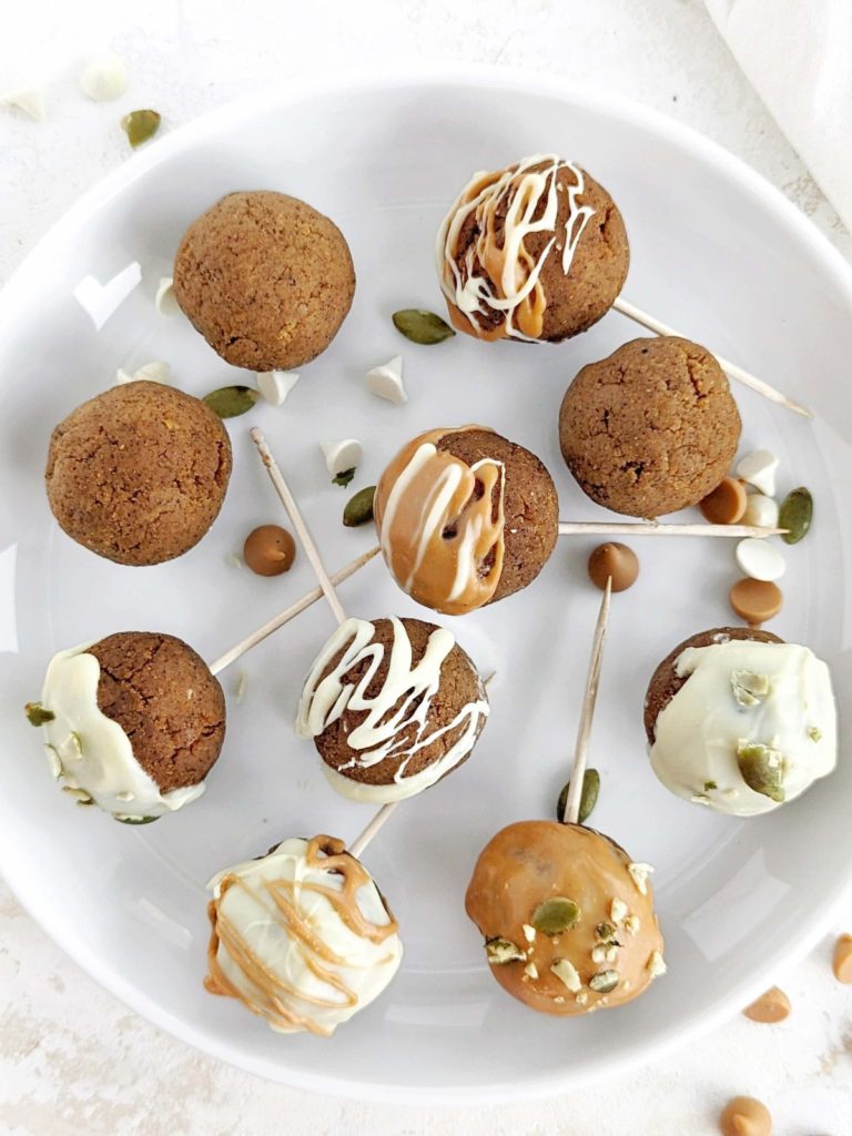 Addictive Pumpkin Protein Cake Pops with fresh-baked protein pumpkin cake, protein cream cheese frosting and sugar-free chocolate coating. Healthy pumpkin pie cake pops are low-calorie, low fat, sugar-free and easily Vegan too!