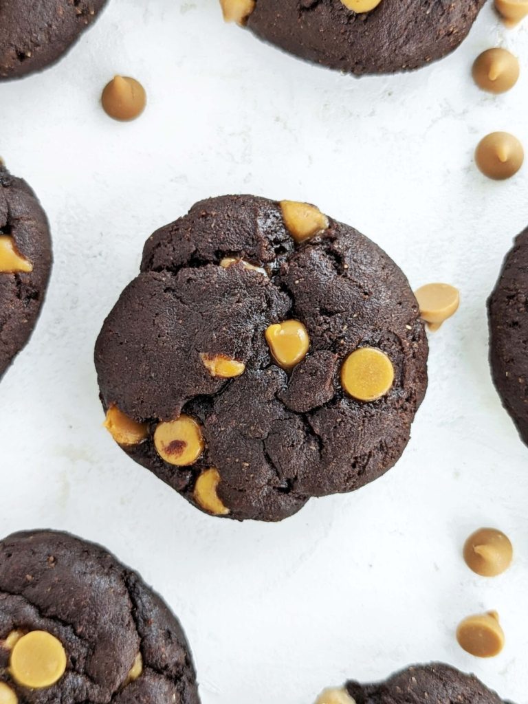 Delicious Chocolate Butterscotch Protein Cookies are the perfect balance of soft and chewy and cakey. Healthy cocoa butterscotch chip cookies use protein powder, no butter and sugar-free butterscotch chips too!