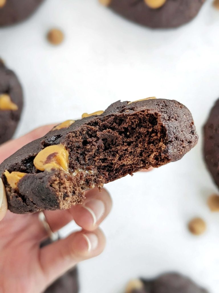 Delicious Chocolate Butterscotch Protein Cookies are the perfect balance of soft and chewy and cakey. Healthy cocoa butterscotch chip cookies use protein powder, no butter and sugar-free butterscotch chips too!