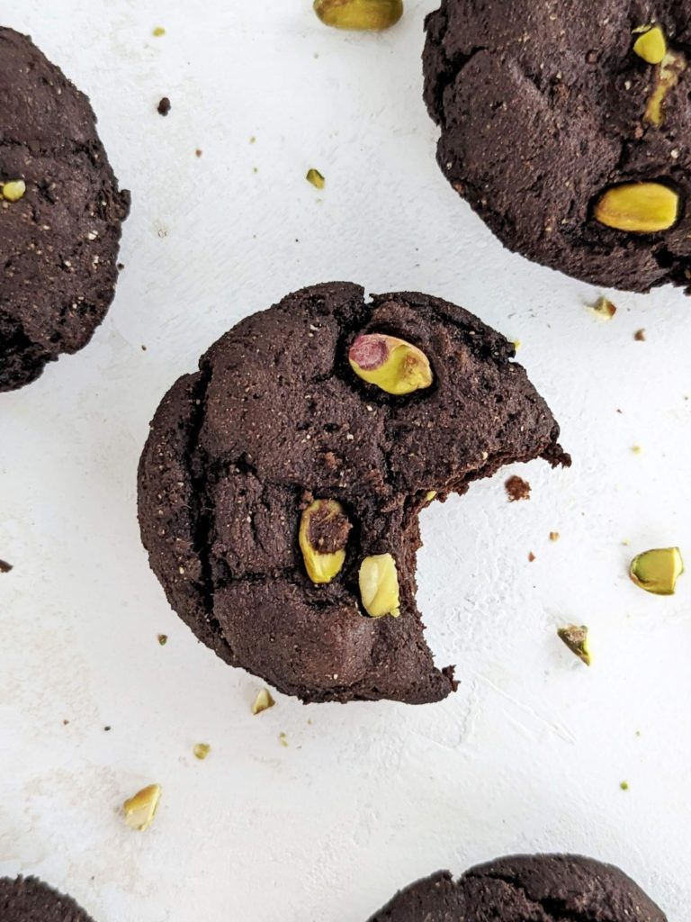 Chocolate Pistachio Protein Cookies are rich and nutty and great for a healthy Christmas cookie! Cocoa pistachio cookies use protein powder and applesauce instead of sugar and butter for a guilt-free indulgence.