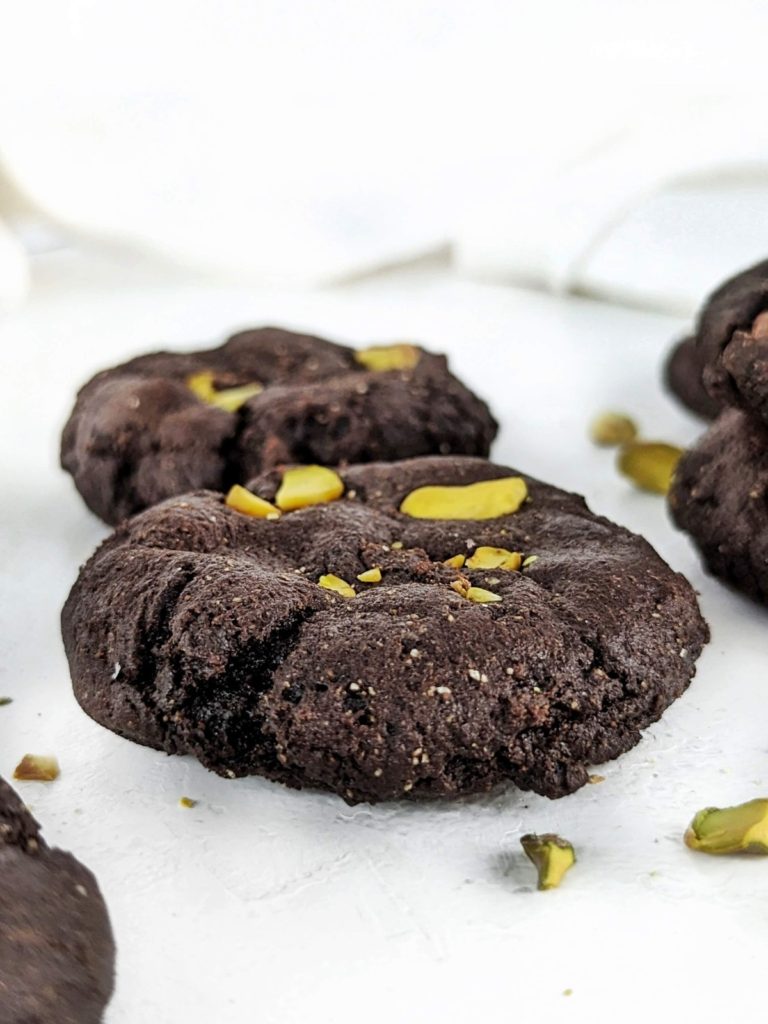 Chocolate Pistachio Protein Cookies are rich and nutty and great for a healthy Christmas cookie! Cocoa pistachio cookies use protein powder and applesauce instead of sugar and butter for a guilt-free indulgence.