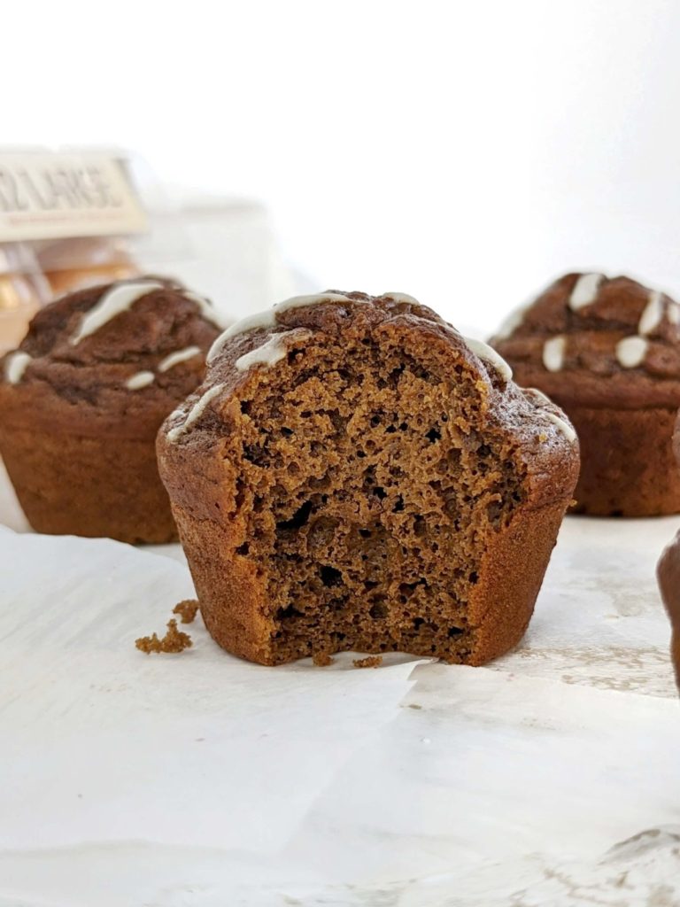 Festive Gingerbread Protein Muffins with all the rich holiday flavor, but still good-for-you. Healthy ginger molasses protein muffins are low sugar, low fat and have a gluten free option too!