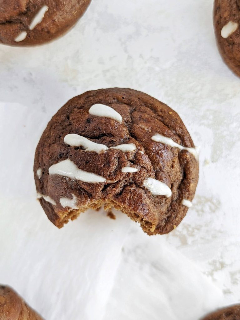 Festive Gingerbread Protein Muffins with all the rich holiday flavor, but still good-for-you. Healthy ginger molasses protein muffins are low sugar, low fat and have a gluten free option too!