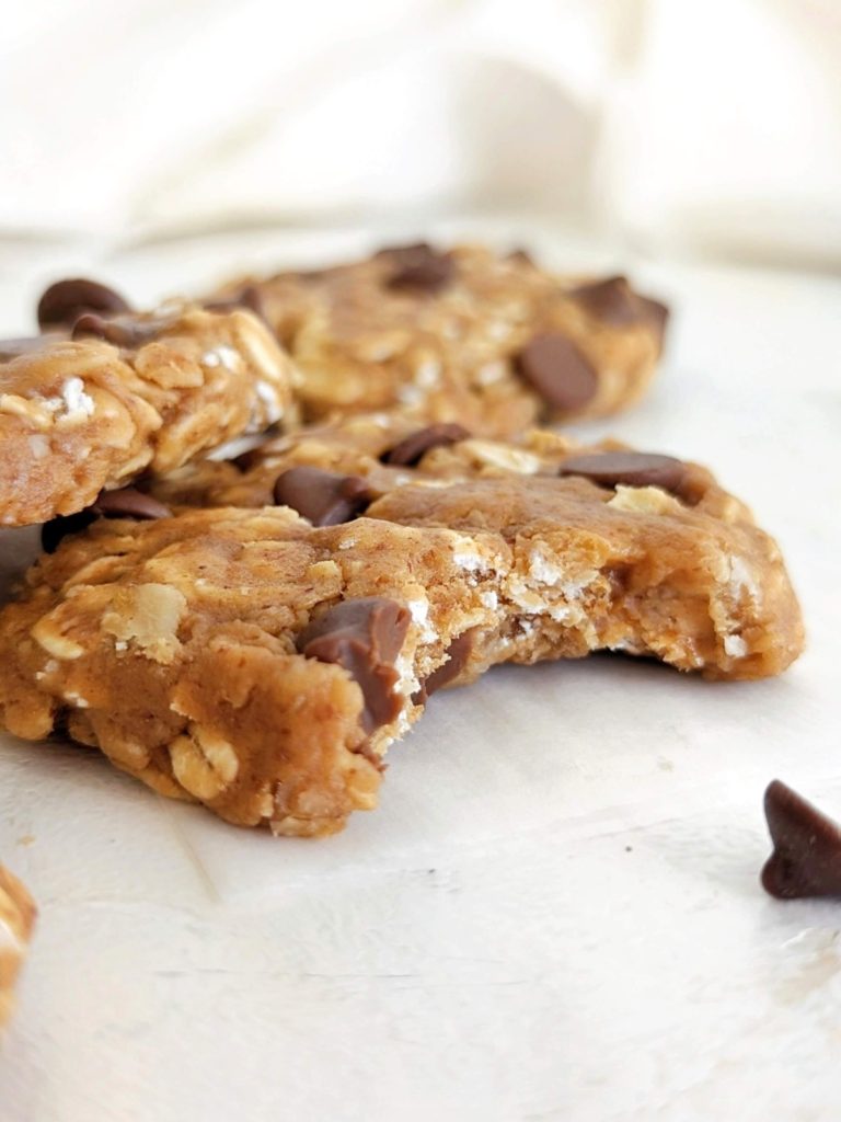 Quick and easy No Bake Protein Oatmeal Cookies studded with sugar free chocolate chips! Healthy no bake oatmeal cookies are without sugar and perfect for a midday snack or dessert.