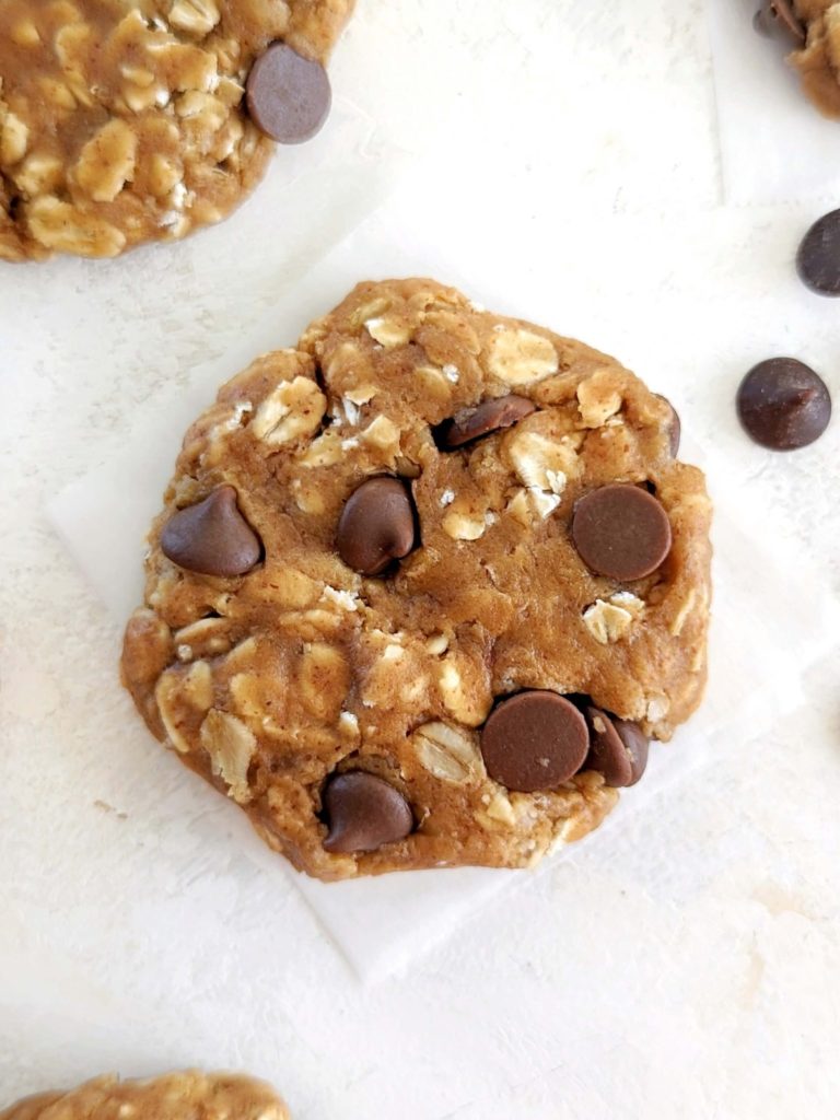 Quick and easy No Bake Protein Oatmeal Cookies studded with sugar free chocolate chips! Healthy no bake oatmeal cookies are without sugar and perfect for a midday snack or dessert.