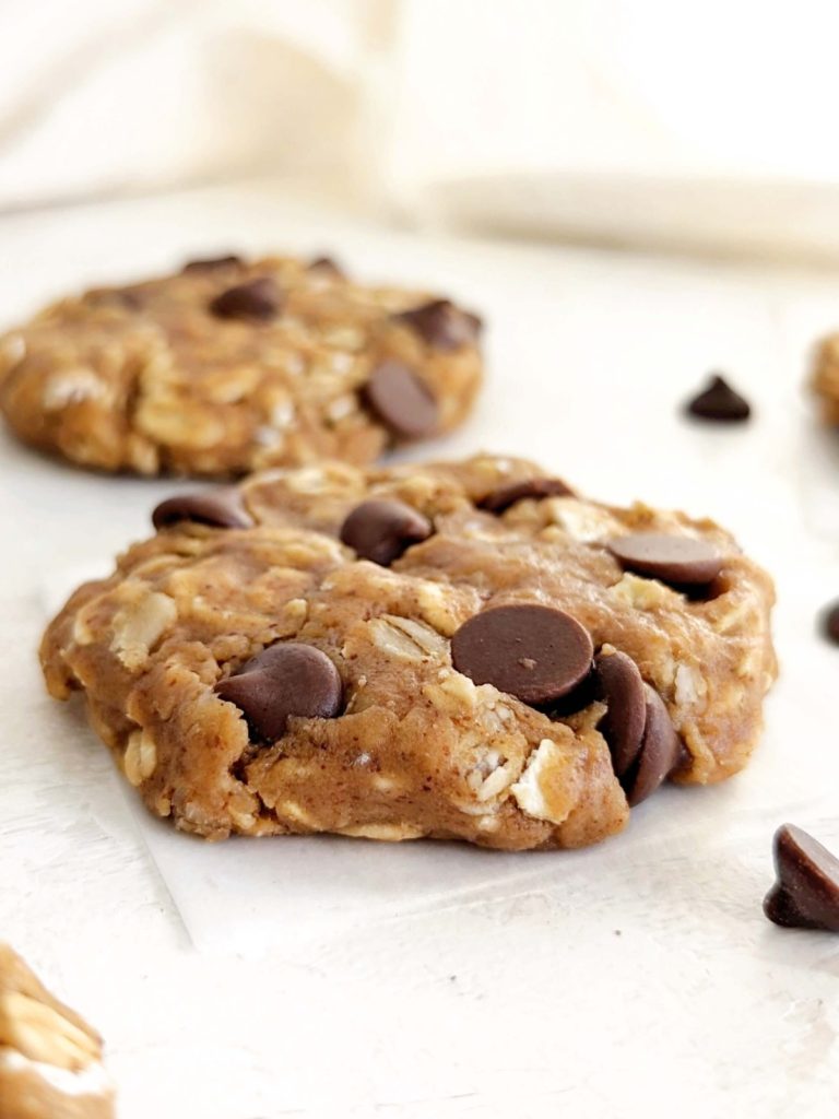 Quick and easy No Bake Protein Oatmeal Cookies studded with sugar free chocolate chips! Healthy no bake oatmeal cookies are without sugar and perfect for a midday snack or dessert.