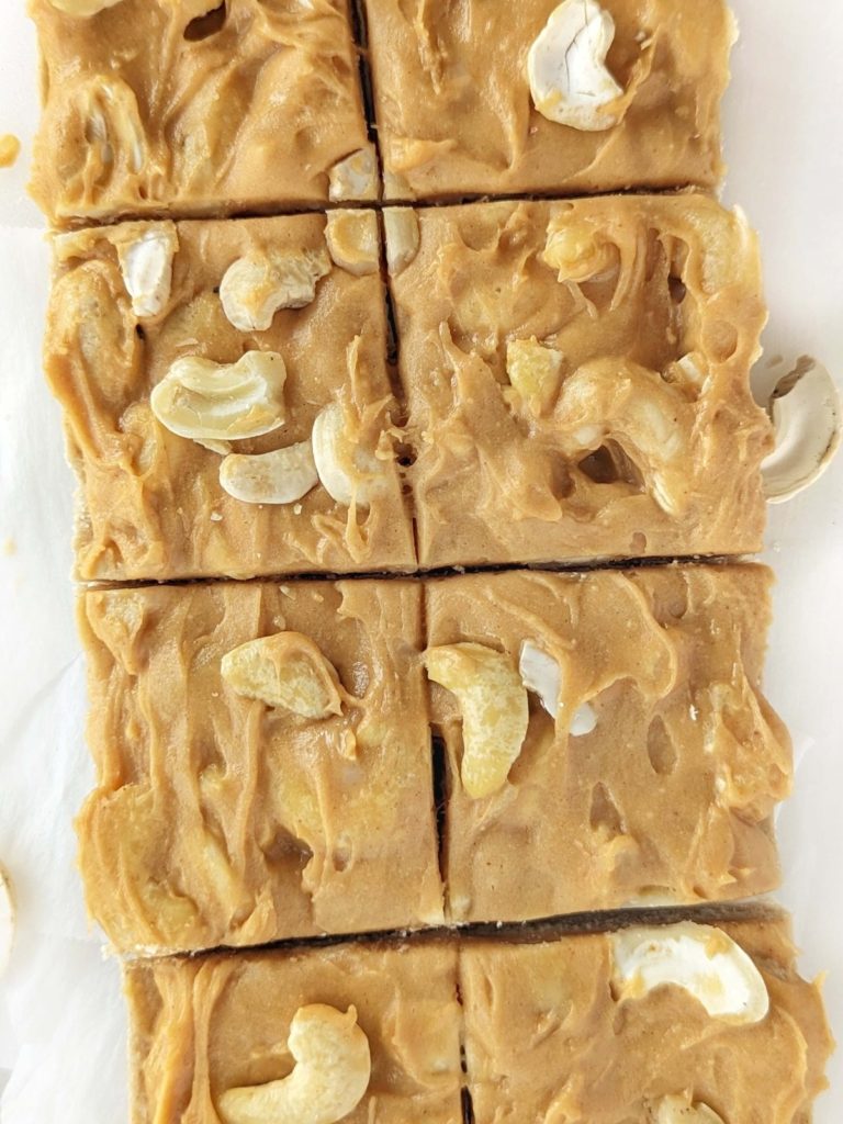 Chewy and crunchy Caramel Cashew Protein Bars with a high protein base and protein caramel too! A low fat, sugar free and gluten free recipe with caramel flavored cashew butter and peanut butter powder for an extra flavor boost.