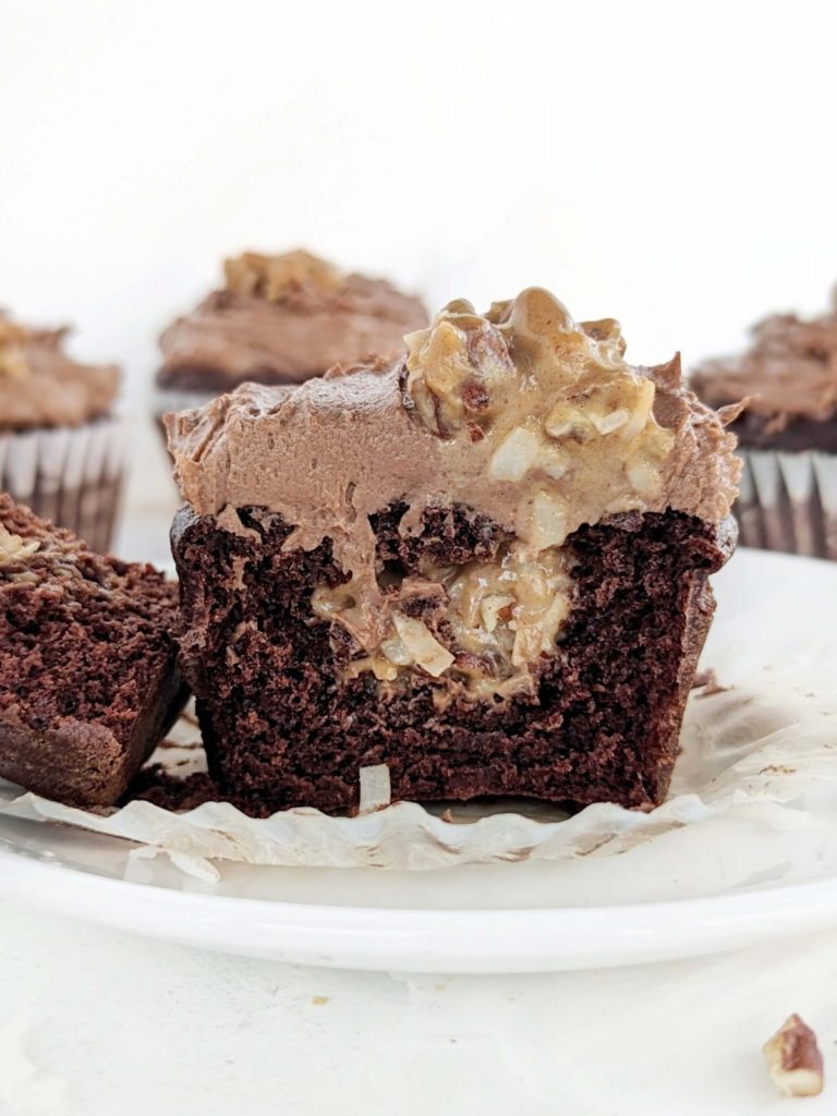Magnificent German Chocolate Protein Cupcakes stuffed with a coconut pecan mix. Easy german chocolate cupcakes with filling are low fat, low sugar and healthy!