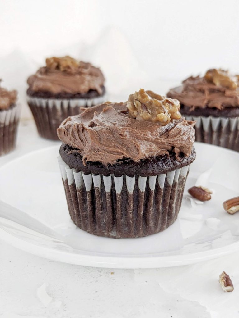 Magnificent German Chocolate Protein Cupcakes stuffed with a coconut pecan mix. Easy german chocolate cupcakes with filling are low fat, low sugar and healthy!