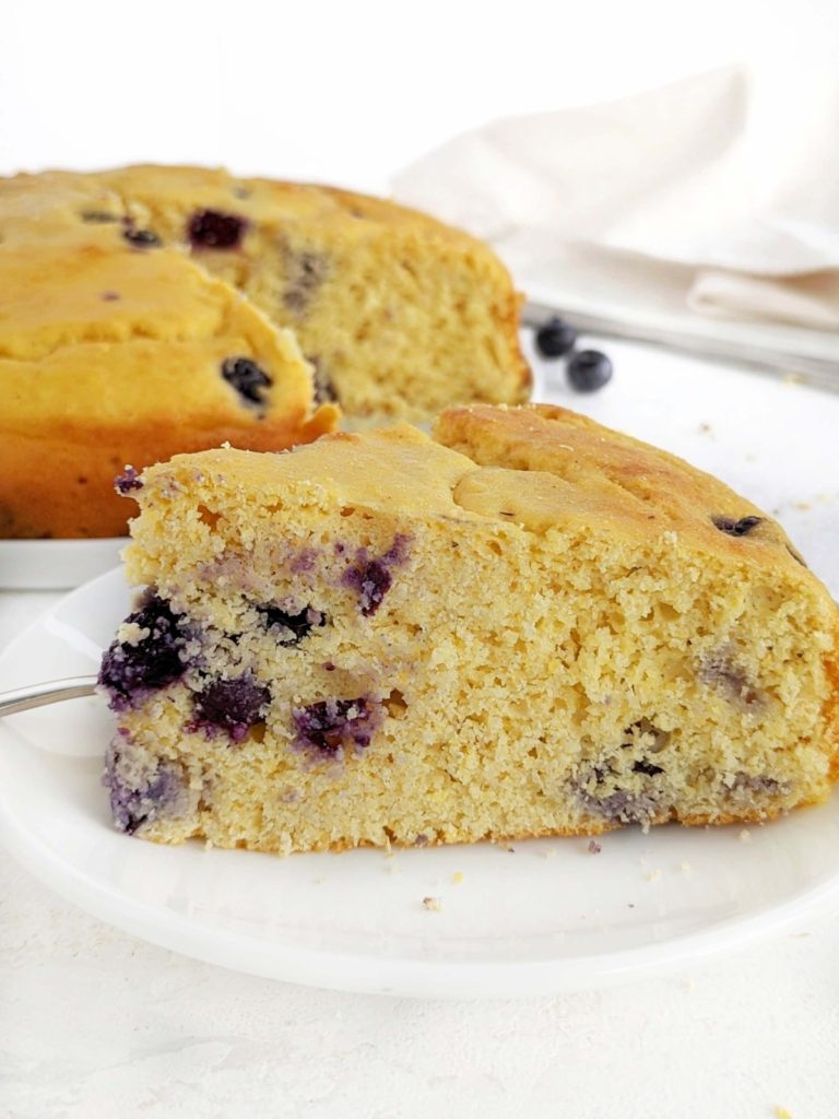 Moist and sweet but Healthy Blueberry Cornbread made with protein powder instead of sugar. Make easy blueberry cornbread cake in a baking pan or skillet too!